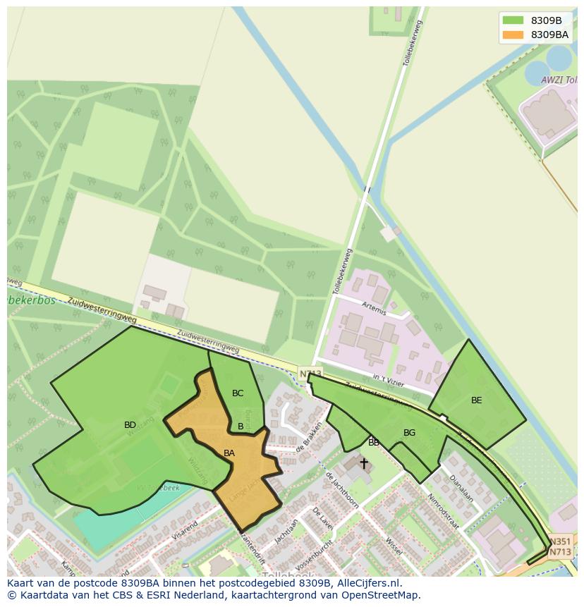 Afbeelding van het postcodegebied 8309 BA op de kaart.