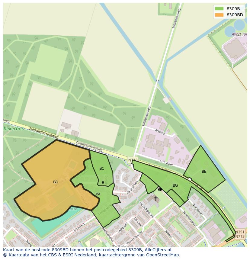 Afbeelding van het postcodegebied 8309 BD op de kaart.