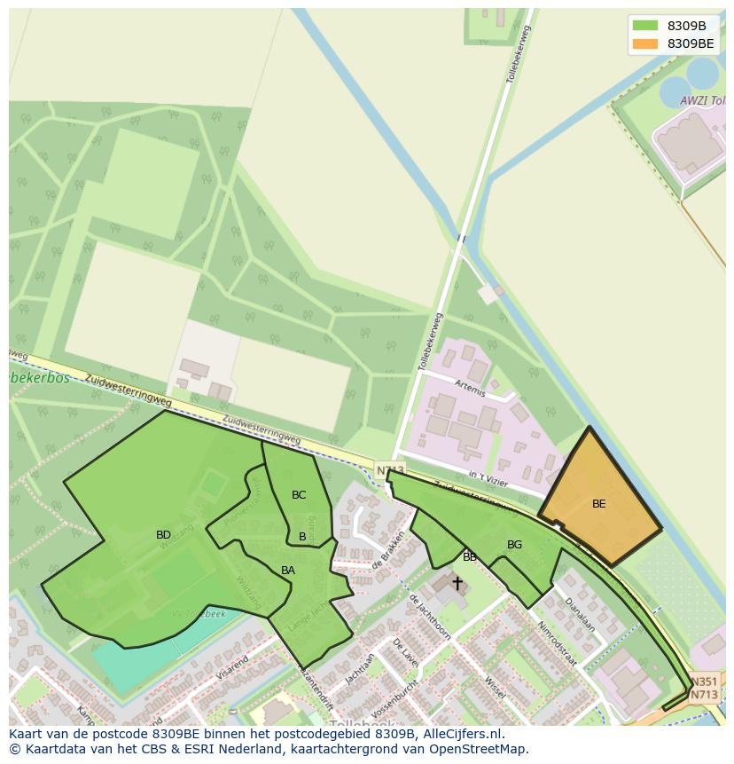 Afbeelding van het postcodegebied 8309 BE op de kaart.