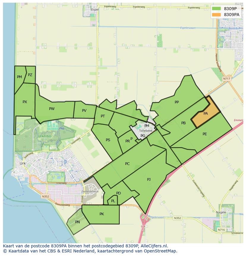 Afbeelding van het postcodegebied 8309 PA op de kaart.