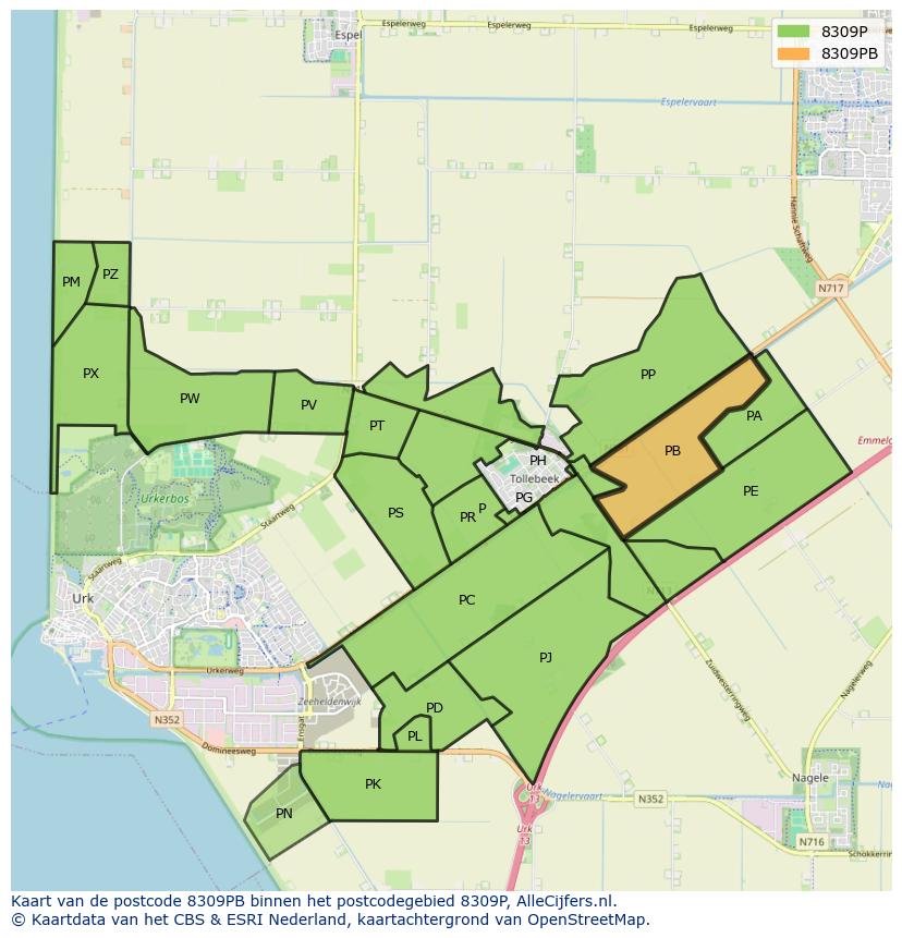 Afbeelding van het postcodegebied 8309 PB op de kaart.