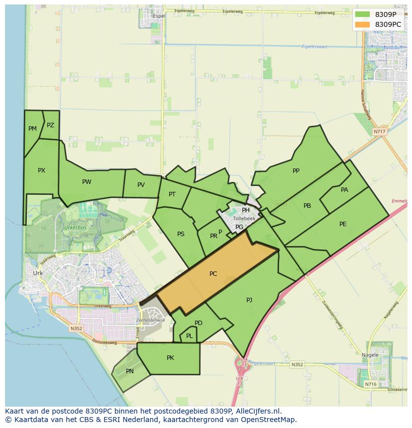 Afbeelding van het postcodegebied 8309 PC op de kaart.