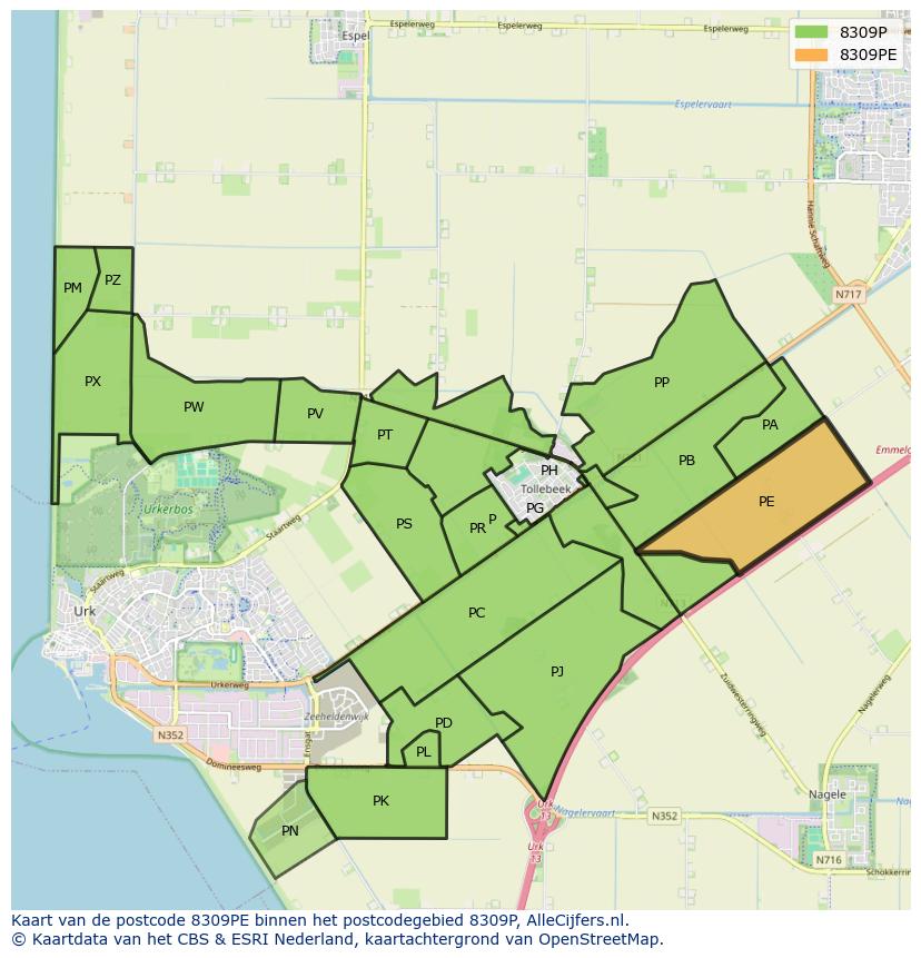 Afbeelding van het postcodegebied 8309 PE op de kaart.