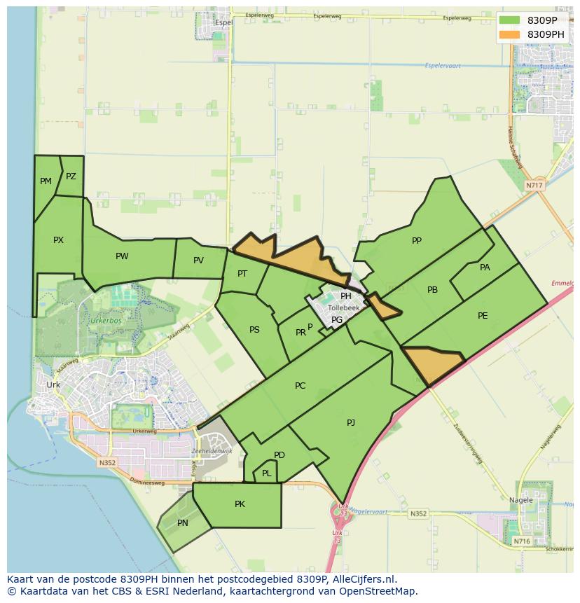 Afbeelding van het postcodegebied 8309 PH op de kaart.