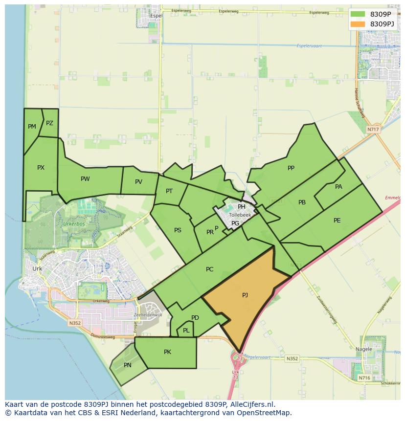 Afbeelding van het postcodegebied 8309 PJ op de kaart.