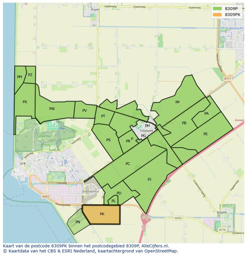 Afbeelding van het postcodegebied 8309 PK op de kaart.