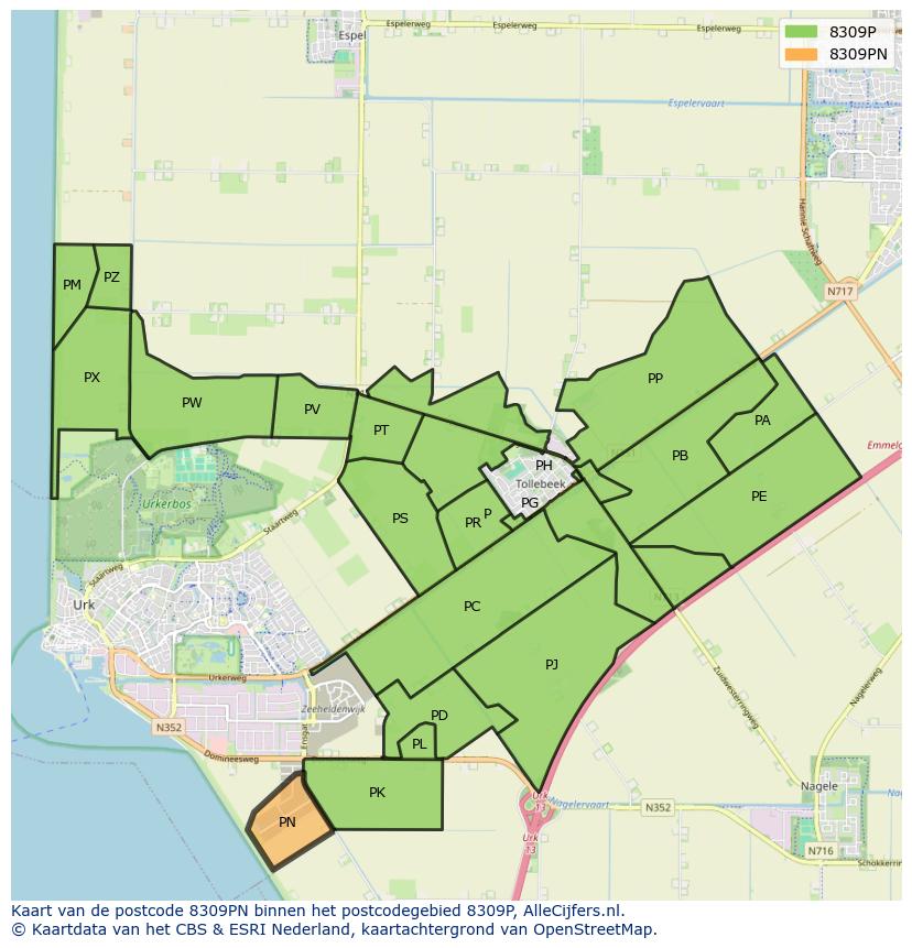 Afbeelding van het postcodegebied 8309 PN op de kaart.