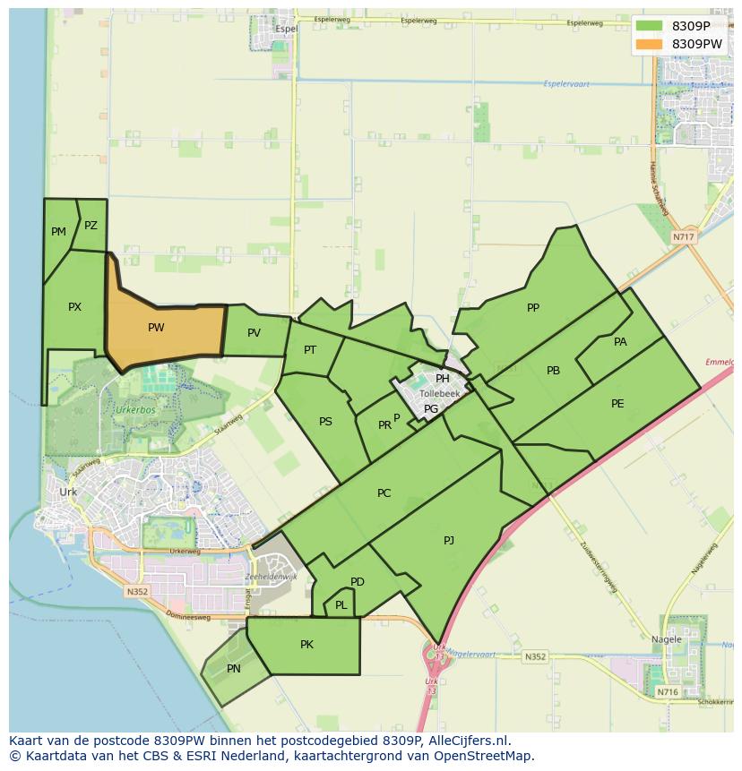 Afbeelding van het postcodegebied 8309 PW op de kaart.