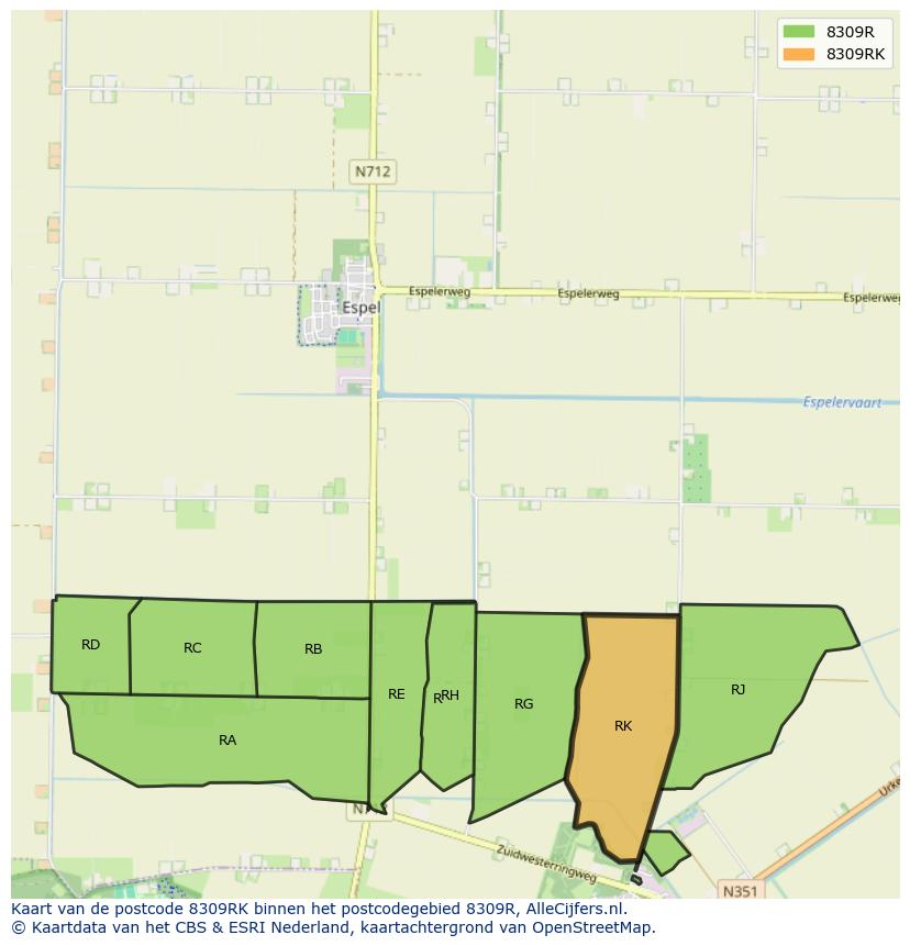 Afbeelding van het postcodegebied 8309 RK op de kaart.