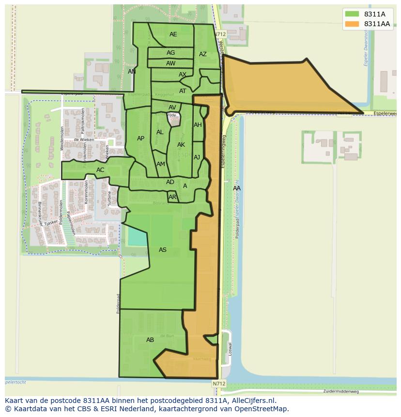 Afbeelding van het postcodegebied 8311 AA op de kaart.