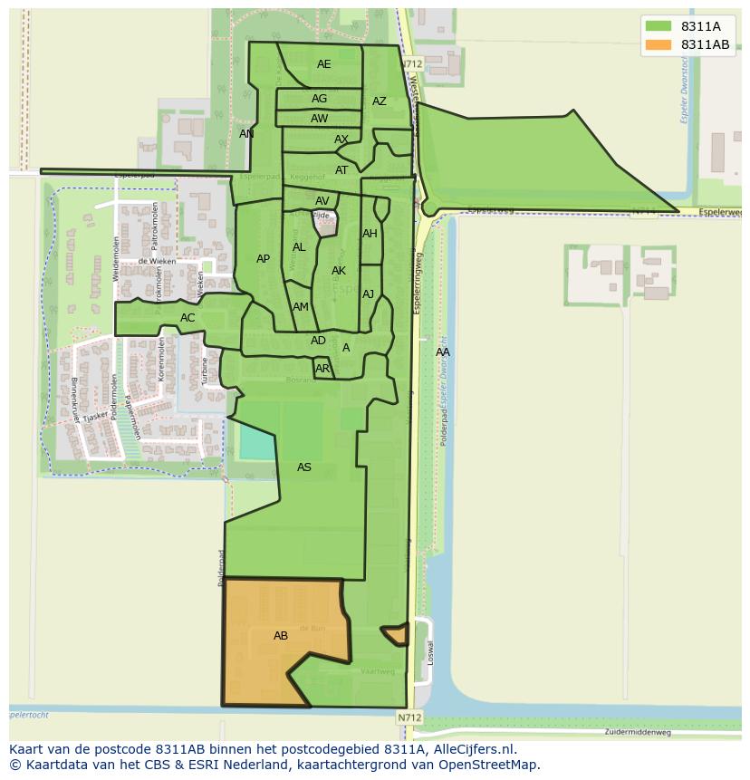 Afbeelding van het postcodegebied 8311 AB op de kaart.