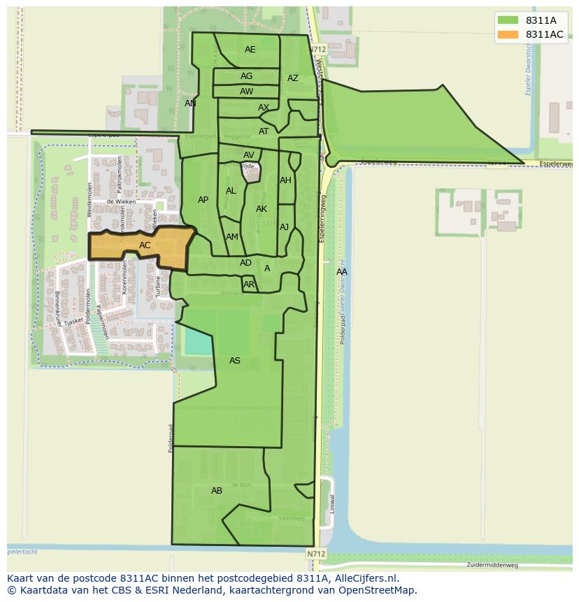 Afbeelding van het postcodegebied 8311 AC op de kaart.