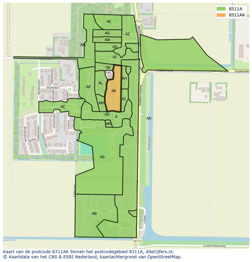 Afbeelding van het postcodegebied 8311 AK op de kaart.