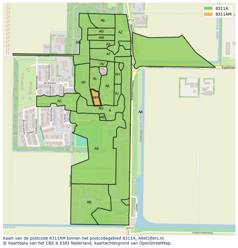Afbeelding van het postcodegebied 8311 AM op de kaart.