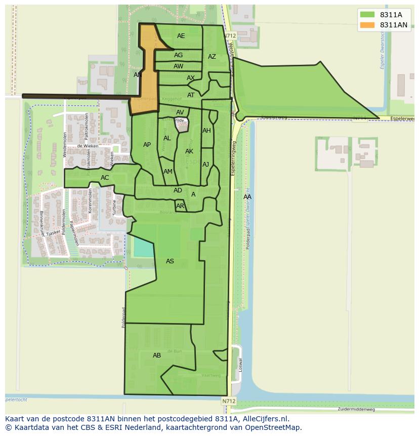 Afbeelding van het postcodegebied 8311 AN op de kaart.