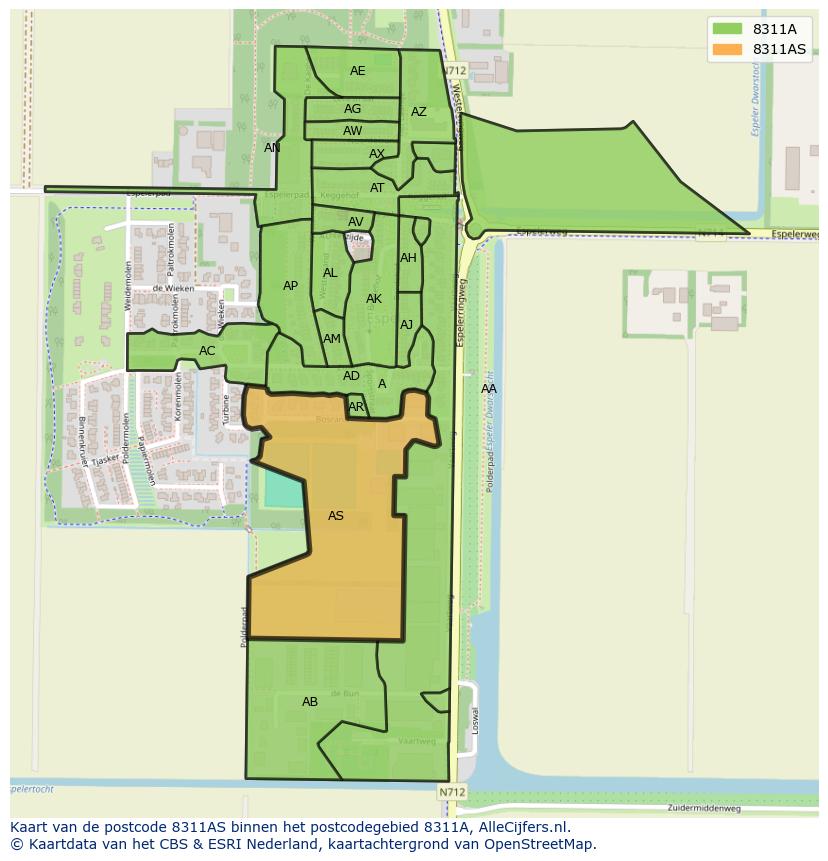 Afbeelding van het postcodegebied 8311 AS op de kaart.