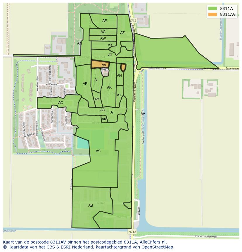 Afbeelding van het postcodegebied 8311 AV op de kaart.