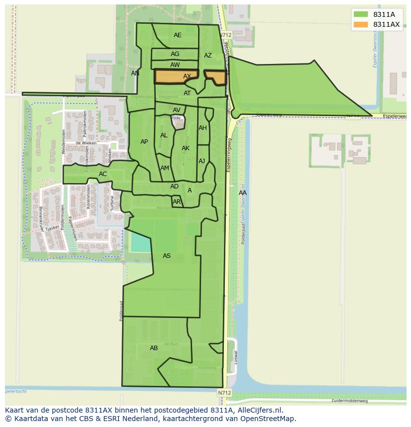 Afbeelding van het postcodegebied 8311 AX op de kaart.