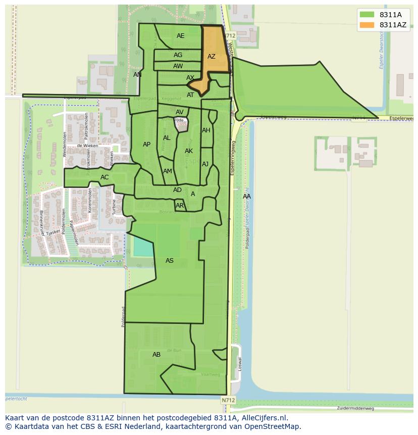 Afbeelding van het postcodegebied 8311 AZ op de kaart.