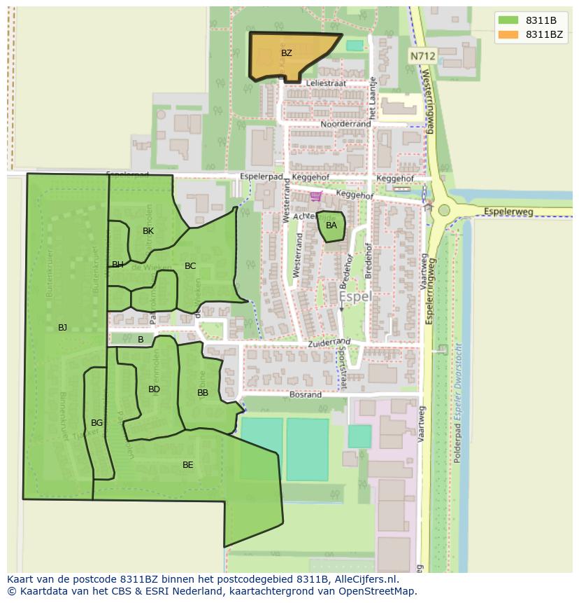 Afbeelding van het postcodegebied 8311 BZ op de kaart.