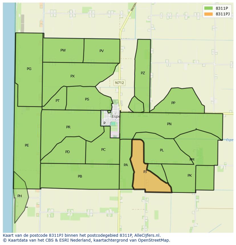 Afbeelding van het postcodegebied 8311 PJ op de kaart.