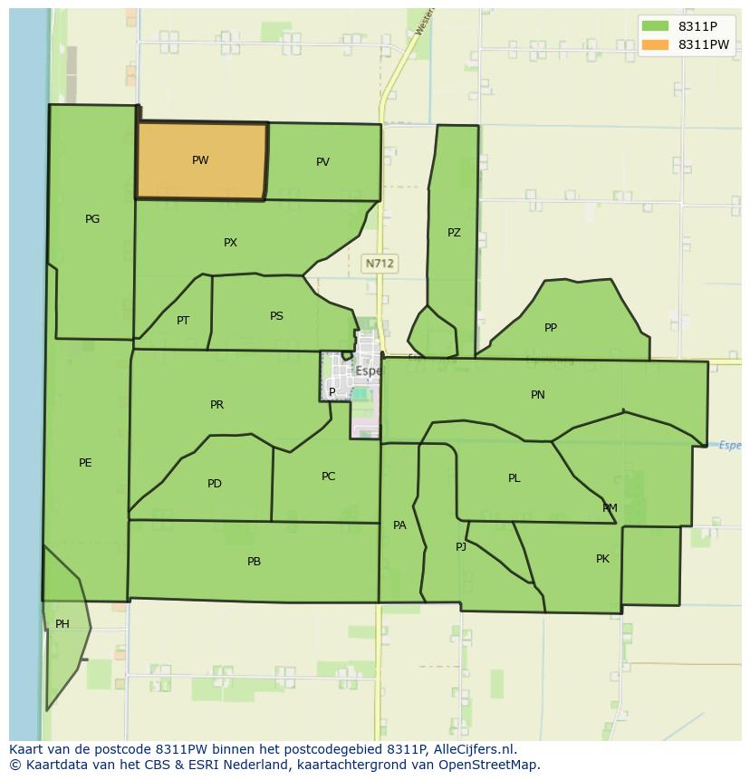 Afbeelding van het postcodegebied 8311 PW op de kaart.