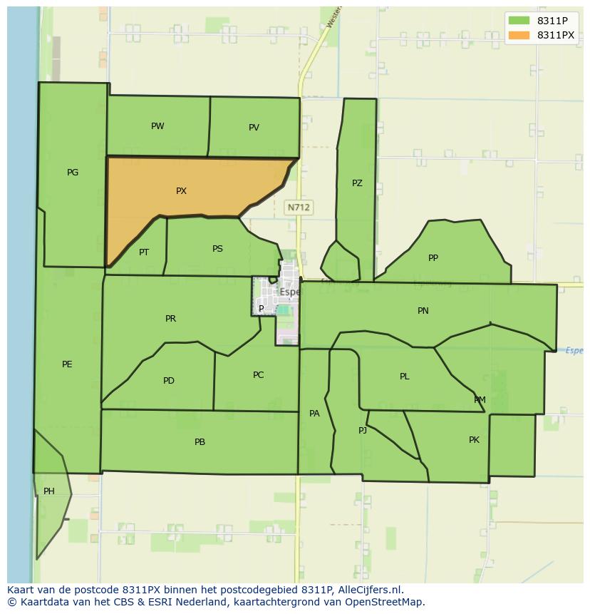 Afbeelding van het postcodegebied 8311 PX op de kaart.