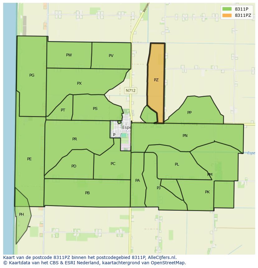 Afbeelding van het postcodegebied 8311 PZ op de kaart.