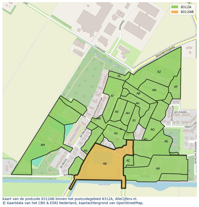 Afbeelding van het postcodegebied 8312 AB op de kaart.