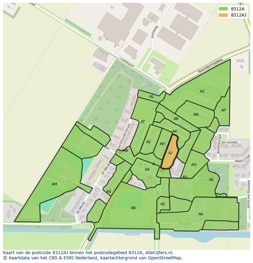 Afbeelding van het postcodegebied 8312 AJ op de kaart.