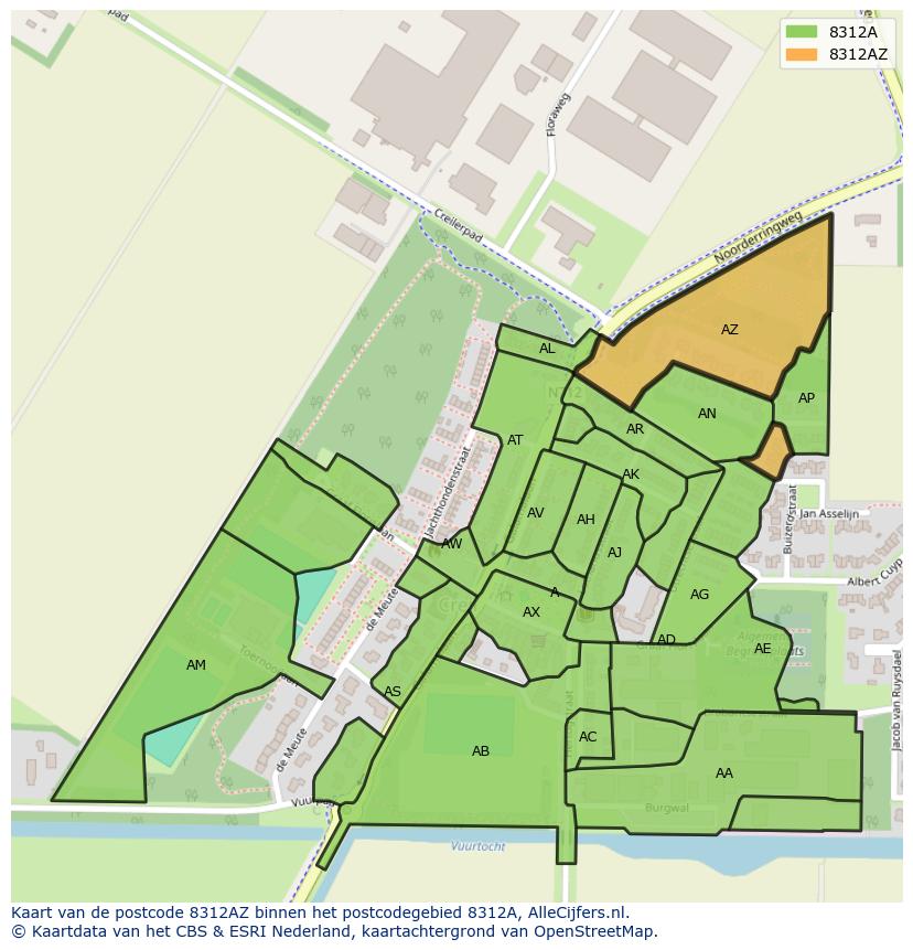 Afbeelding van het postcodegebied 8312 AZ op de kaart.
