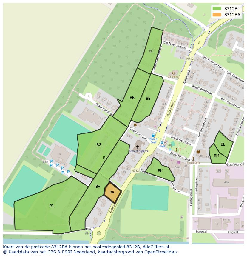 Afbeelding van het postcodegebied 8312 BA op de kaart.