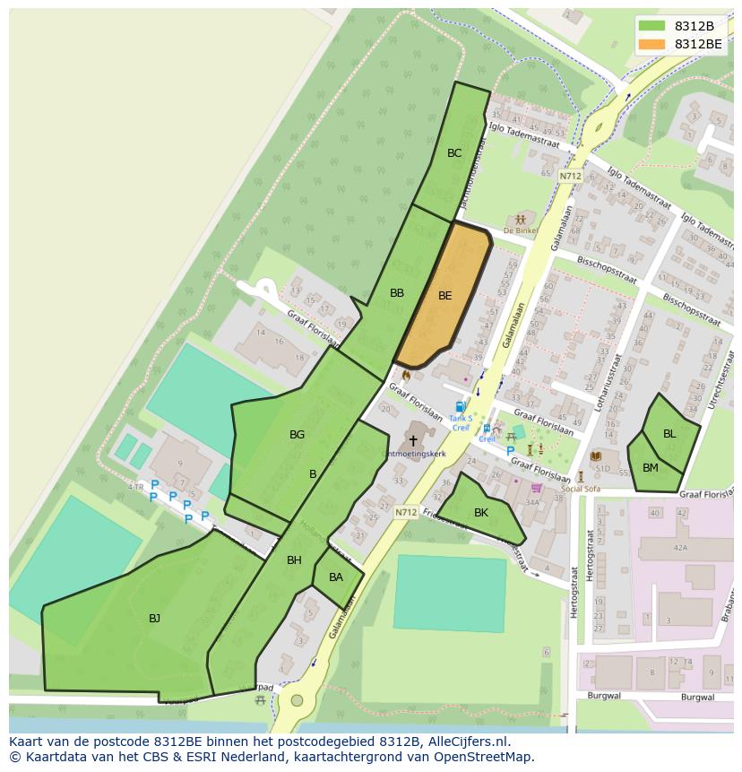 Afbeelding van het postcodegebied 8312 BE op de kaart.
