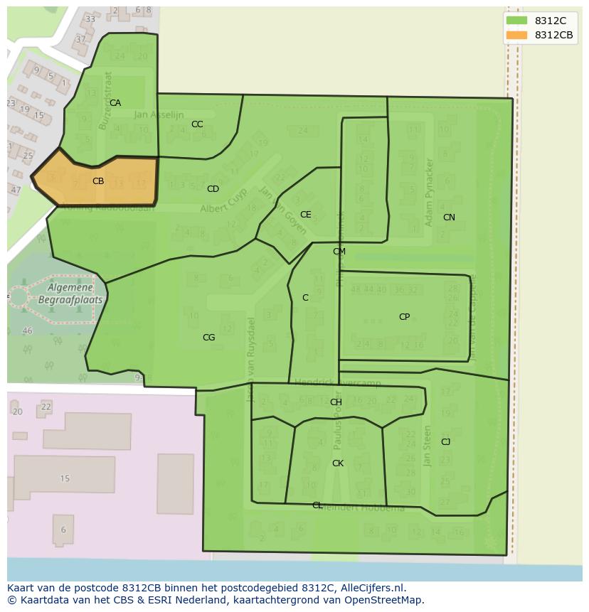 Afbeelding van het postcodegebied 8312 CB op de kaart.