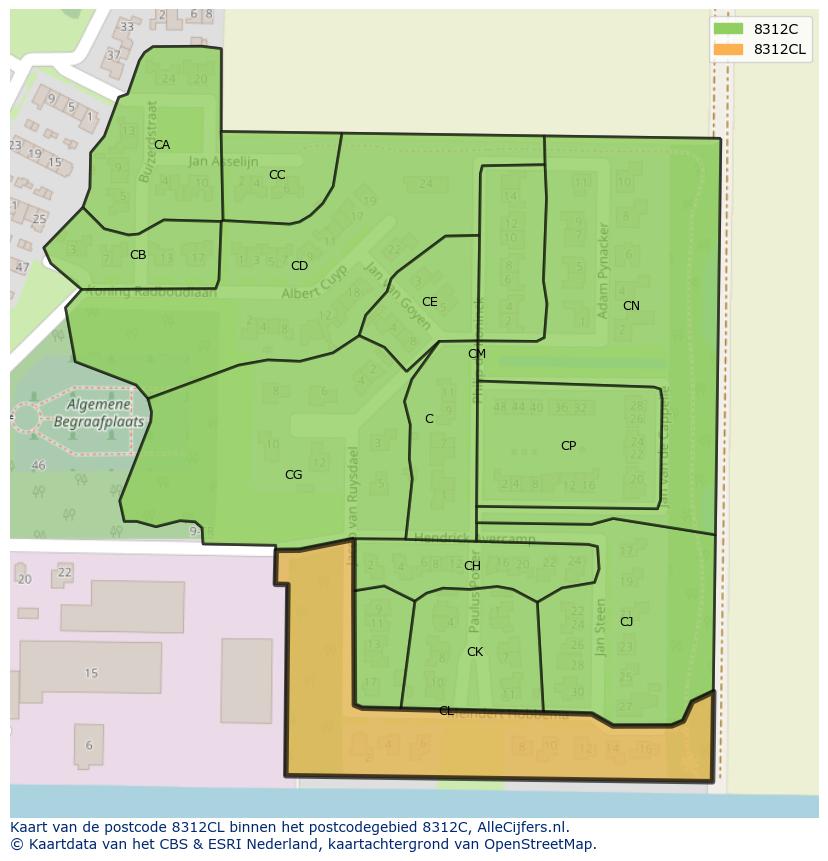 Afbeelding van het postcodegebied 8312 CL op de kaart.
