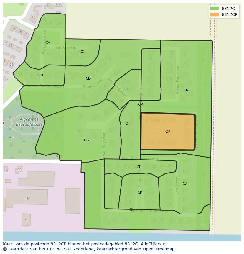 Afbeelding van het postcodegebied 8312 CP op de kaart.