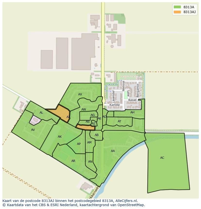 Afbeelding van het postcodegebied 8313 AJ op de kaart.