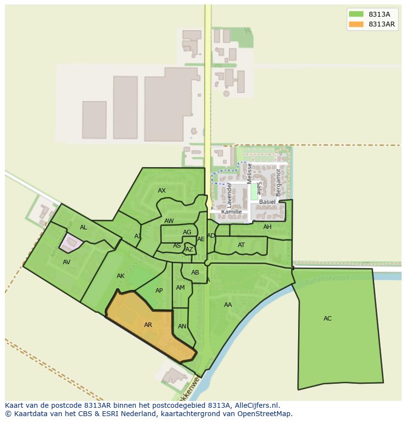 Afbeelding van het postcodegebied 8313 AR op de kaart.