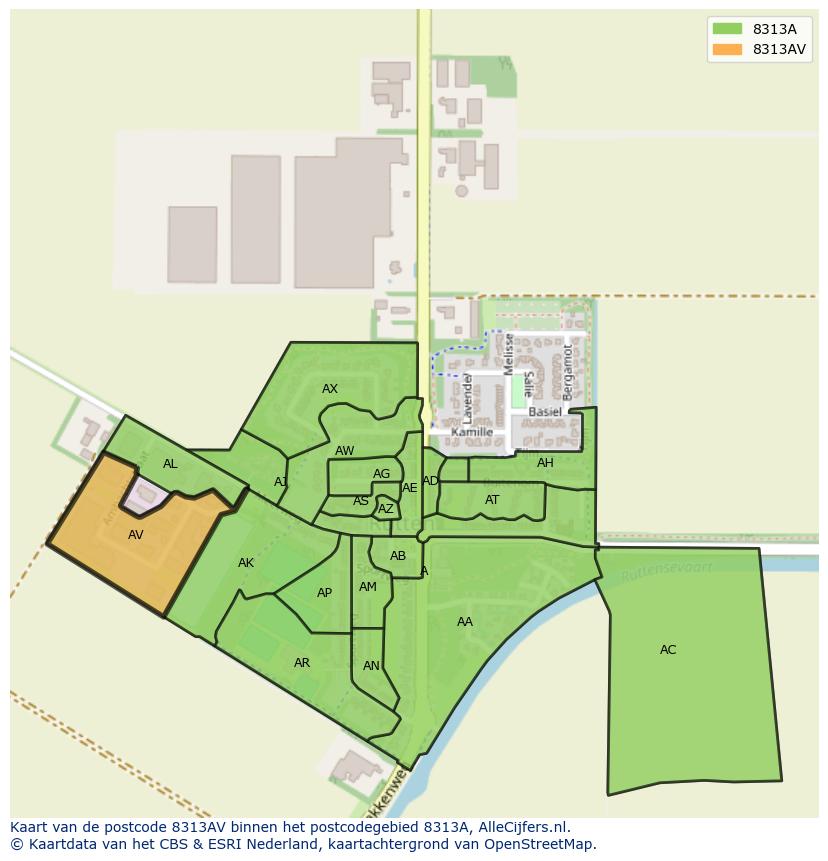 Afbeelding van het postcodegebied 8313 AV op de kaart.