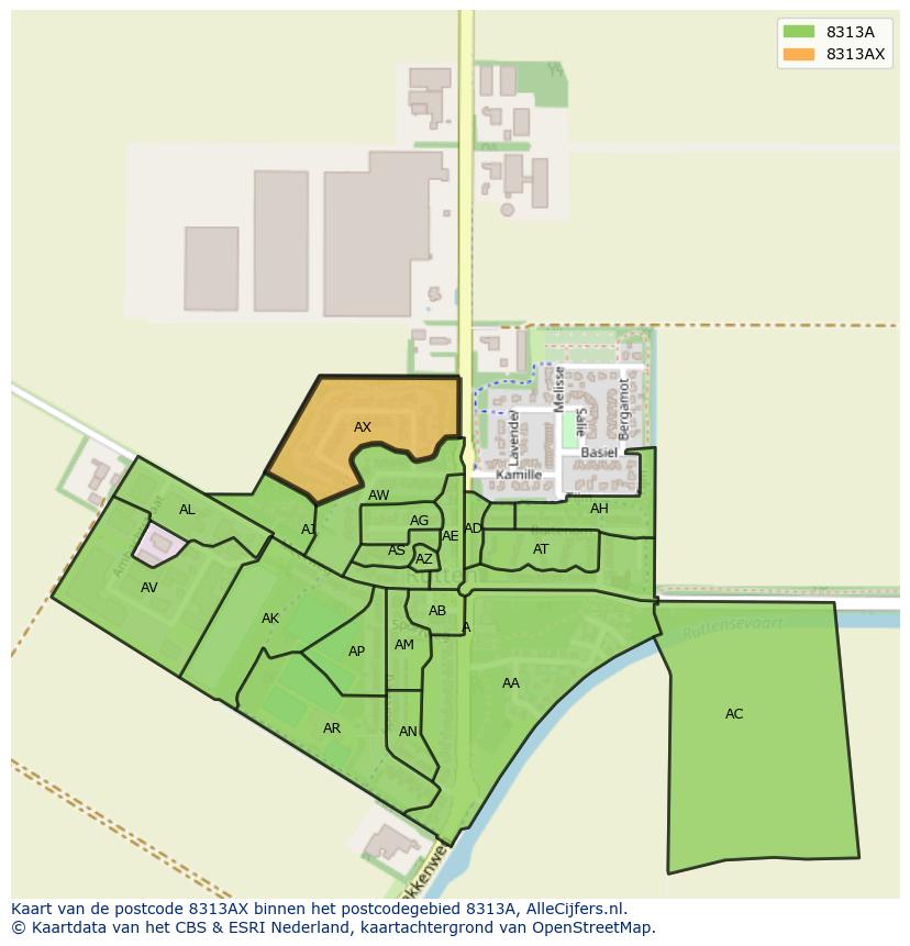 Afbeelding van het postcodegebied 8313 AX op de kaart.