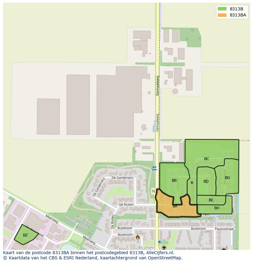Afbeelding van het postcodegebied 8313 BA op de kaart.
