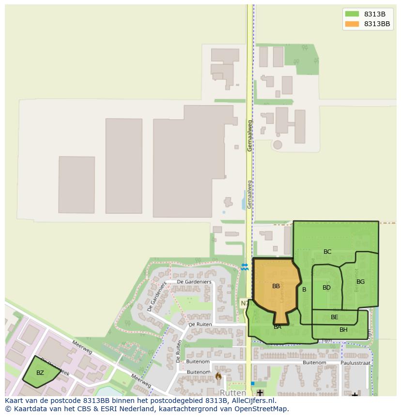 Afbeelding van het postcodegebied 8313 BB op de kaart.