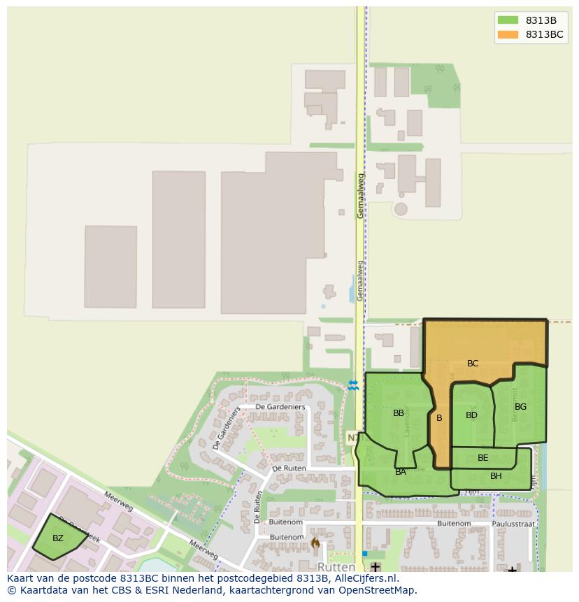 Afbeelding van het postcodegebied 8313 BC op de kaart.