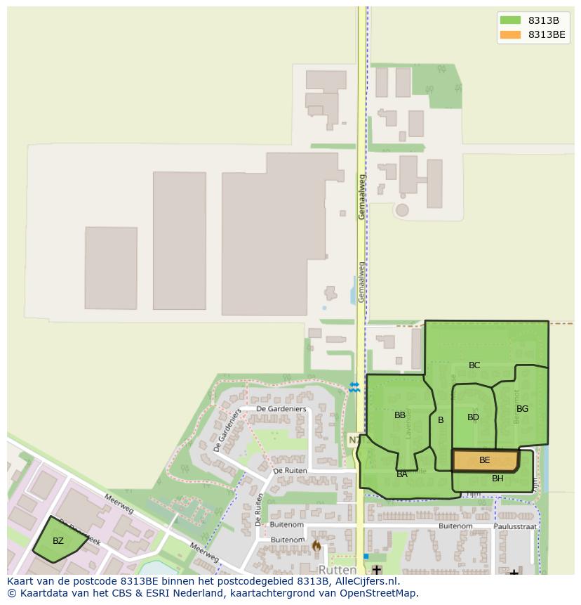 Afbeelding van het postcodegebied 8313 BE op de kaart.