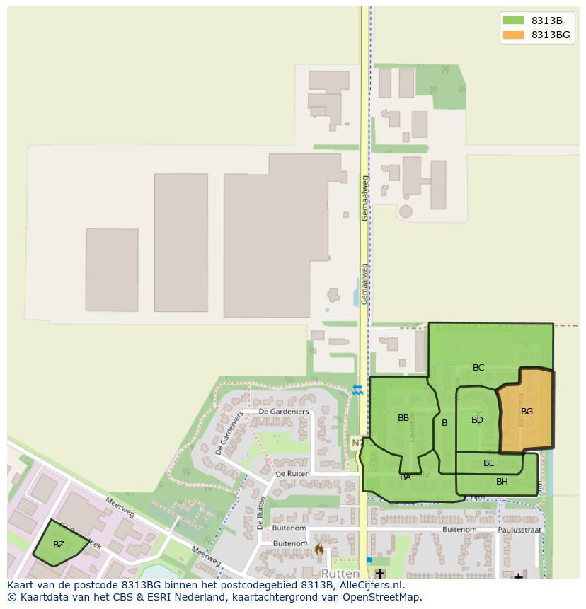 Afbeelding van het postcodegebied 8313 BG op de kaart.