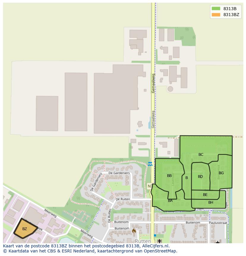 Afbeelding van het postcodegebied 8313 BZ op de kaart.