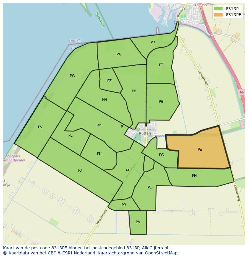 Afbeelding van het postcodegebied 8313 PE op de kaart.