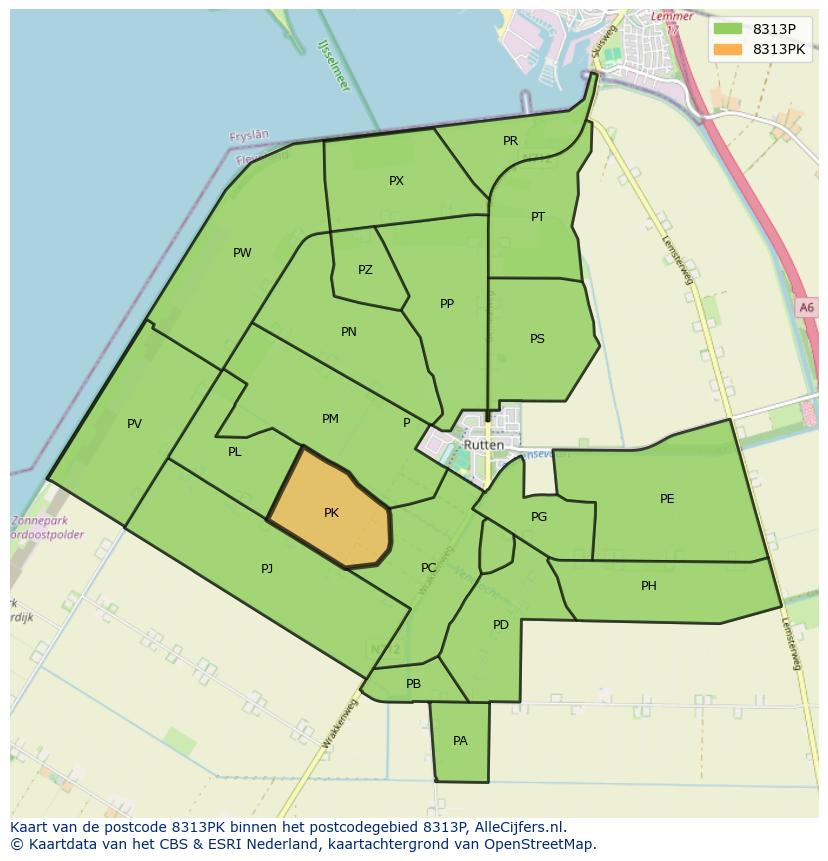 Afbeelding van het postcodegebied 8313 PK op de kaart.