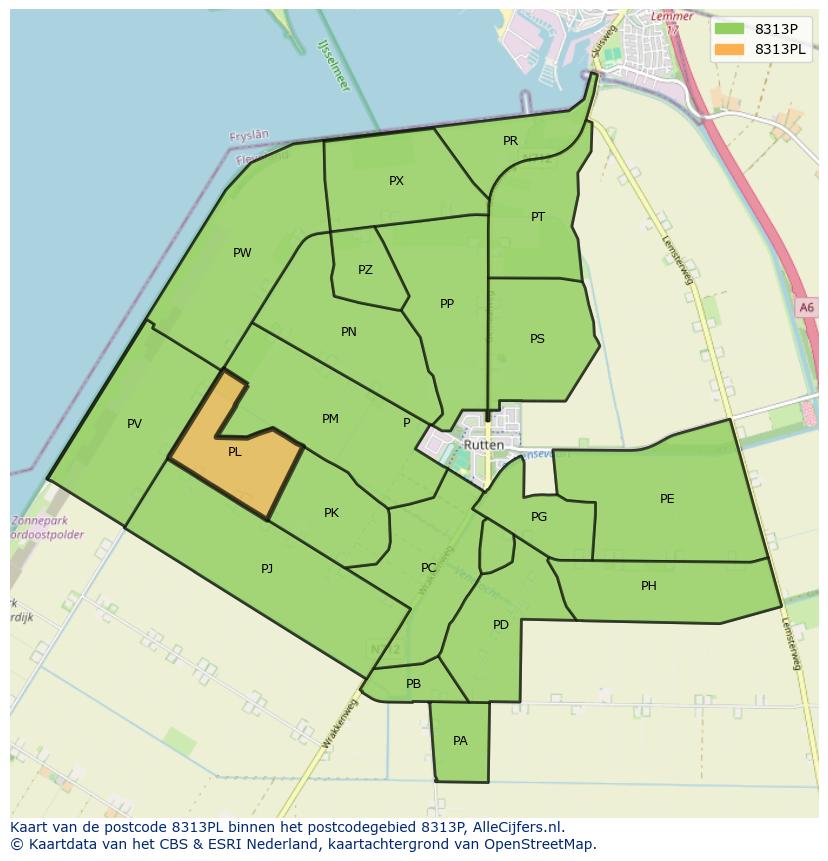 Afbeelding van het postcodegebied 8313 PL op de kaart.
