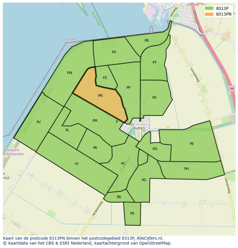 Afbeelding van het postcodegebied 8313 PN op de kaart.